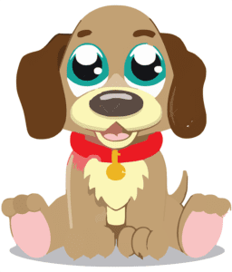 A cute cartoon puppy sits with a joyful expression