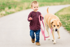 A child in a maroon shirt walks joyfully along a path with it's dog