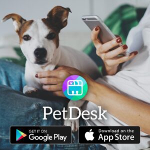 A person uses a smartphone beside a small dog, featuring PetDesk, google play, app store