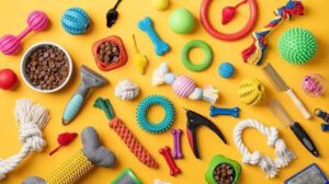 A collection of colorful dog toys displayed on a bright yellow background